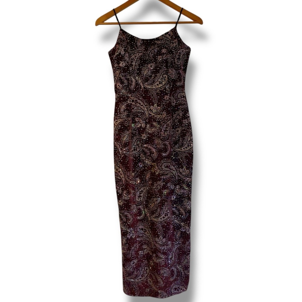 Vintage Scott McClintock Maroon Velvet Glitter Paisley Maxi Formal Dress Sz 4